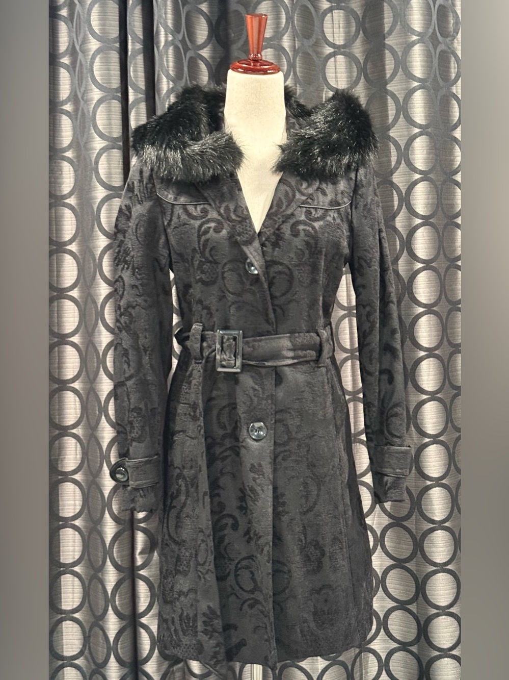 Giacca Women's Black Patterned Coat with Removable Faux Fur Collar